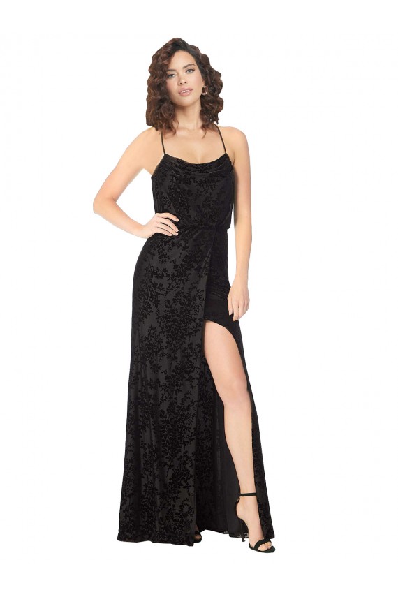 Open Back Floral Velvet & Stretch Velvet Spaghetti Straps Long Sleeveless Bridesmaid Dress Southampton