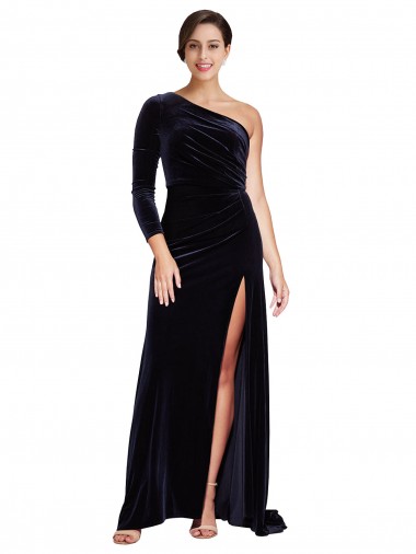Stretch Velvet One Shoulder Sweep Train Long Sleeves Formal Evening Gown / Prom Dress / Bridesmaid Dress Southampton