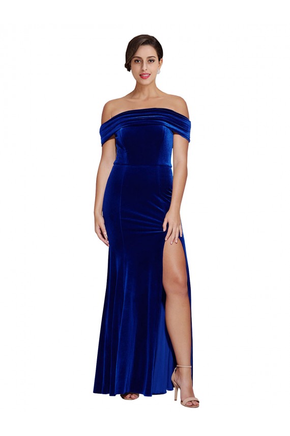 Royal Blue Stretch Velvet Off the Shoulder Long Sleeveless Formal Evening Gown / Prom Dress / Bridesmaid Dress Southampton