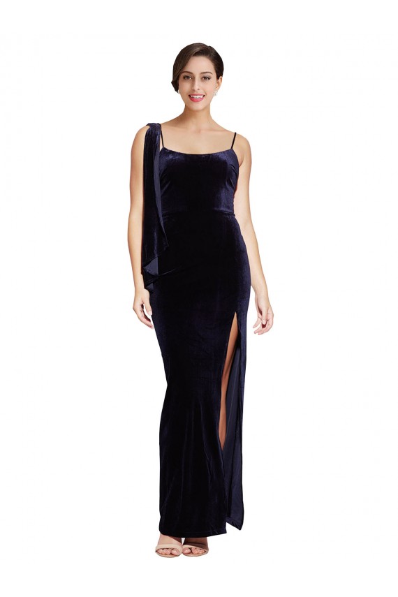 Low Back Dark Navy Stretch Velvet Spaghetti Straps Long Sleeveless Formal Evening Gown / Prom Dress / Bridesmaid Dress Southampton