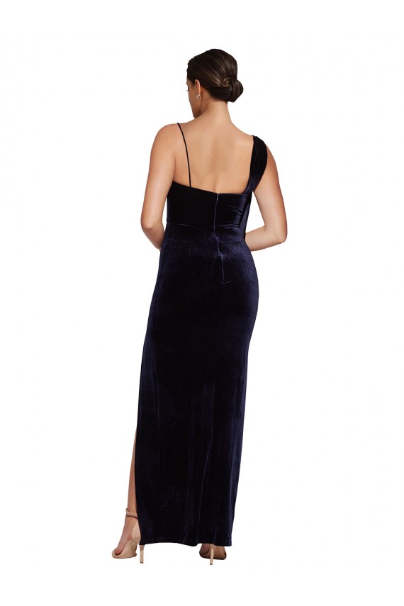Low Back Dark Navy Stretch Velvet Spaghetti Straps Long Sleeveless Formal Evening Gown / Prom Dress / Bridesmaid Dress Southampton