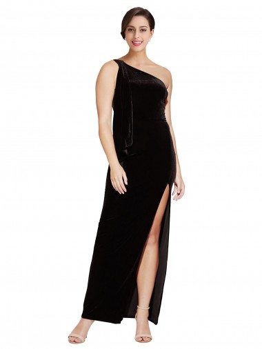 Black Stretch Velvet One Shoulder Long Sleeveless Formal Evening Gown / Prom Dress / Bridesmaid Dress Southampton