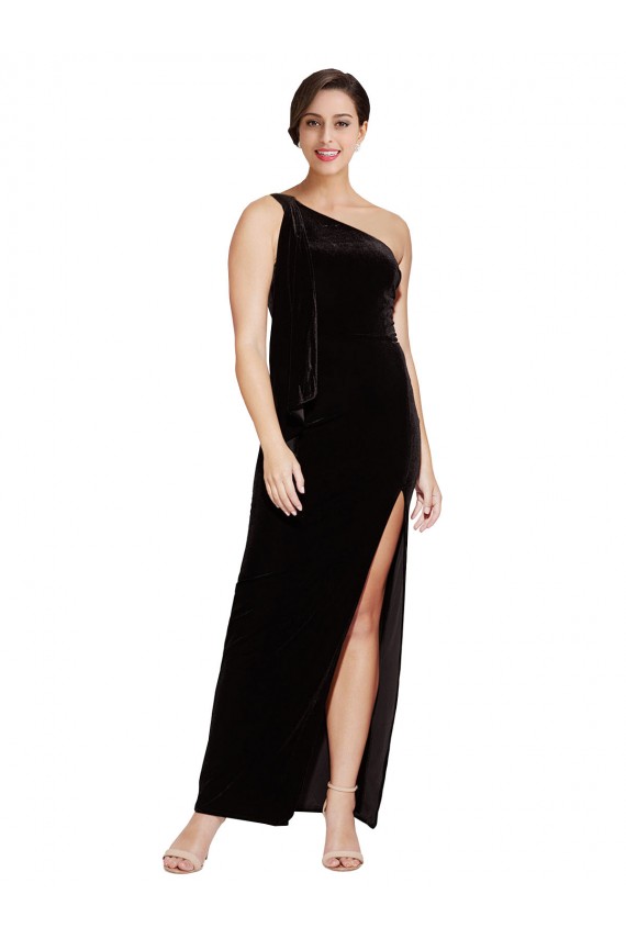 Black Stretch Velvet One Shoulder Long Sleeveless Formal Evening Gown / Prom Dress / Bridesmaid Dress Southampton