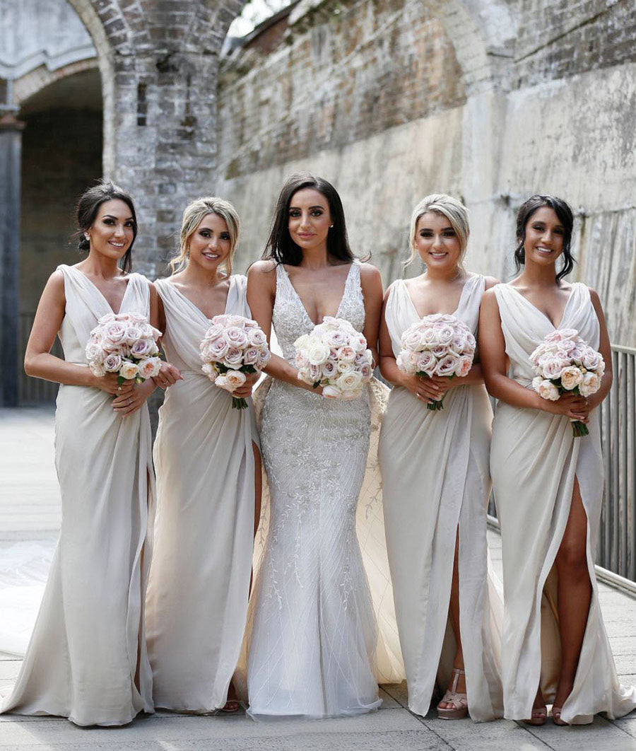 Full Length Luxe Chiffon Long Champagne bridesmaid dresses Southampton with Sexy High Slit and Front Ruffles