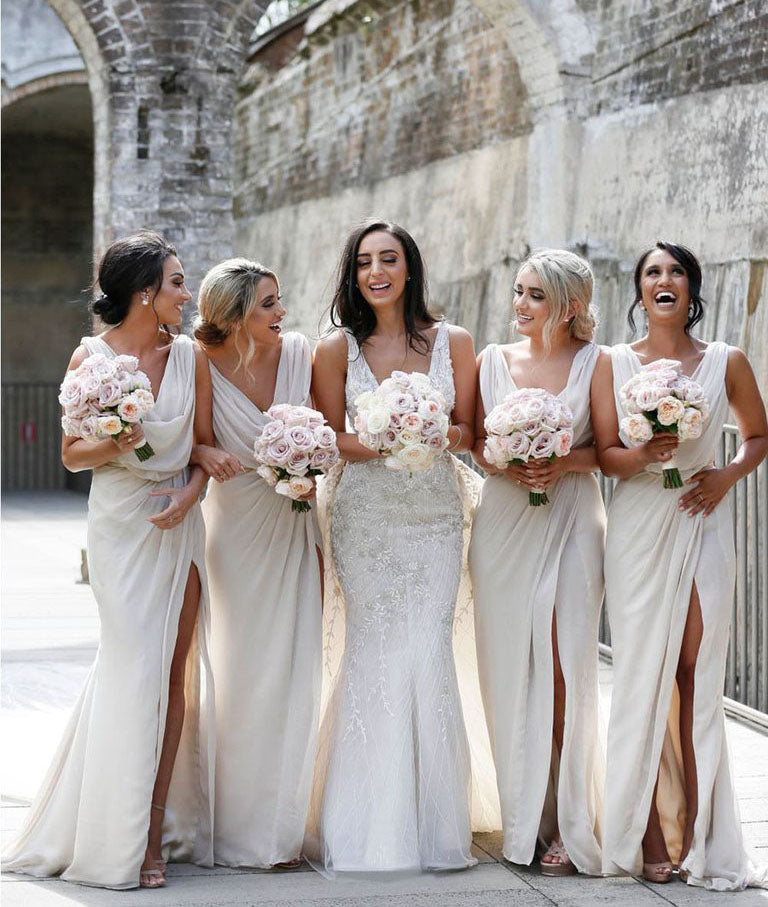 Full Length Luxe Chiffon Long Champagne bridesmaid dresses Southampton with Sexy High Slit and Front Ruffles