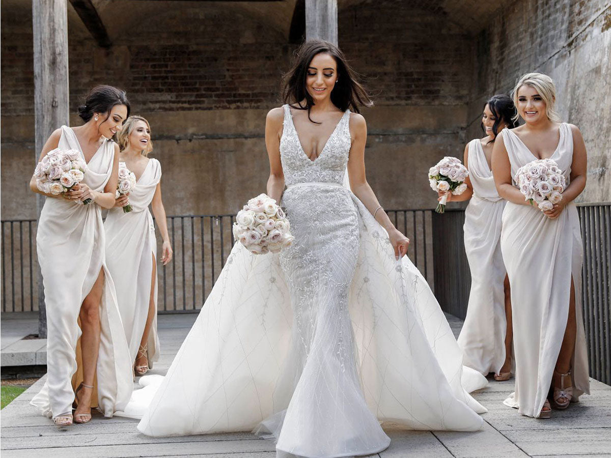 Full Length Luxe Chiffon Long Champagne bridesmaid dresses Southampton with Sexy High Slit and Front Ruffles