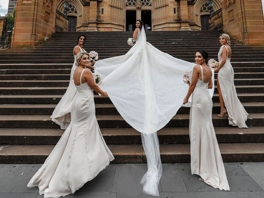 Full Length Luxe Chiffon Long Champagne bridesmaid dresses Southampton with Sexy High Slit and Front Ruffles