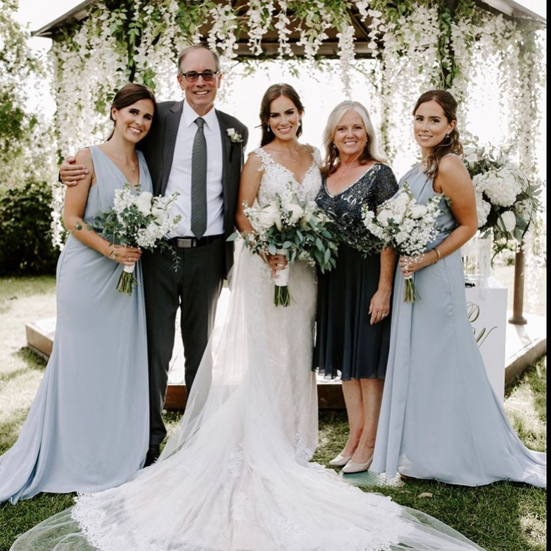 Dusty Blue Full Length Luxe Chiffon Long Champagne bridesmaid dresses Southampton with Sexy High Slit and Front Ruffles